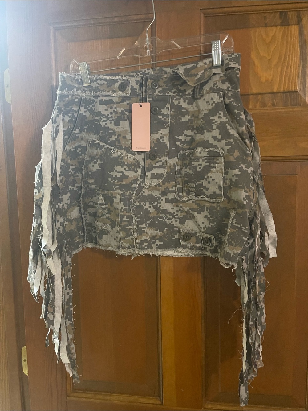 Distressed Digital Camo Mini Skirt with Fringe - Gray